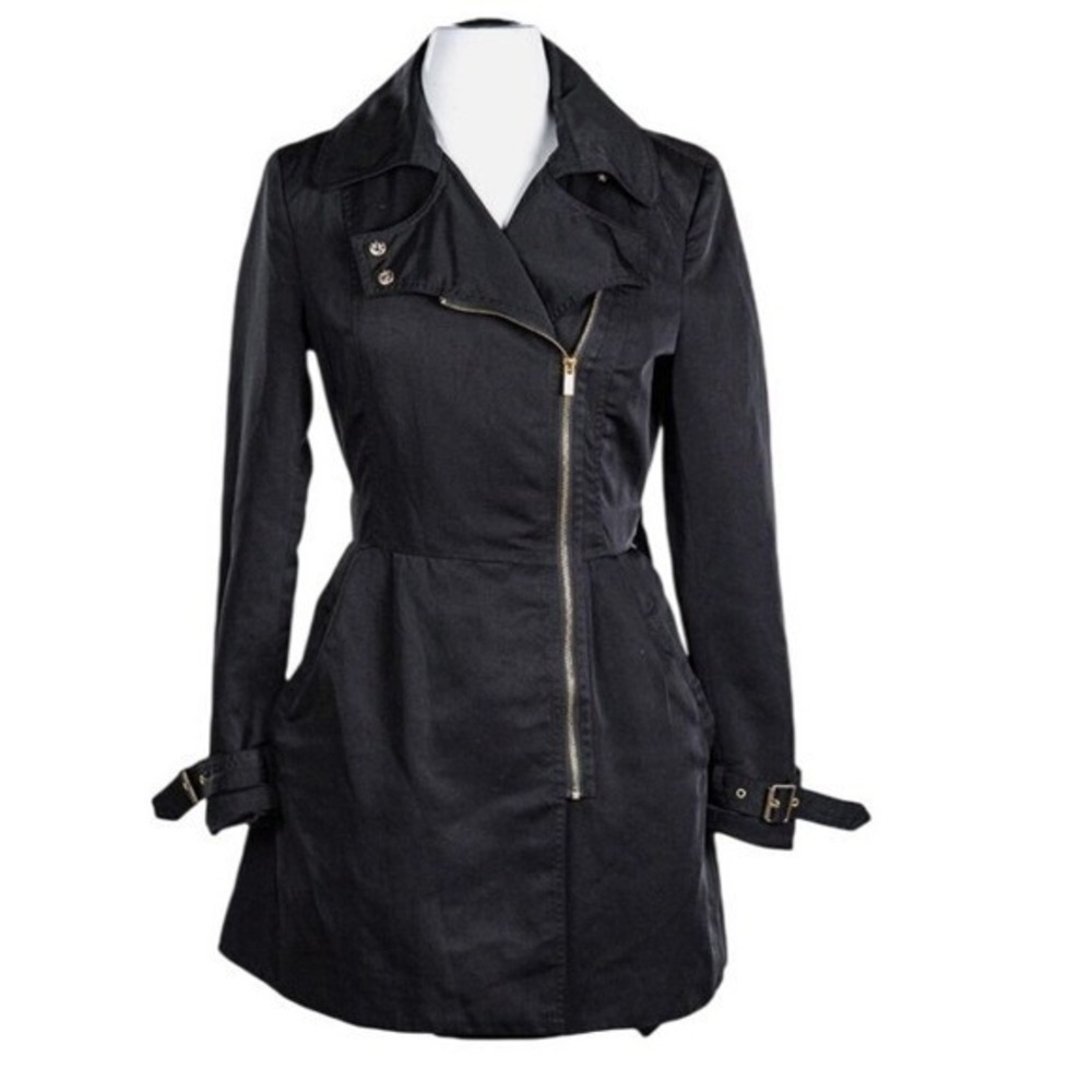 Kenneth Cole Asymmetrical Zipâ Belted Trench Coat Women M Black